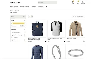 Screenshot of products listing page on Mockstore